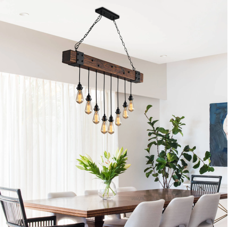 Industriële Houten Balk Hanglamp – 8-Lichts Retro Plafondlamp met Verstelbare Ketting