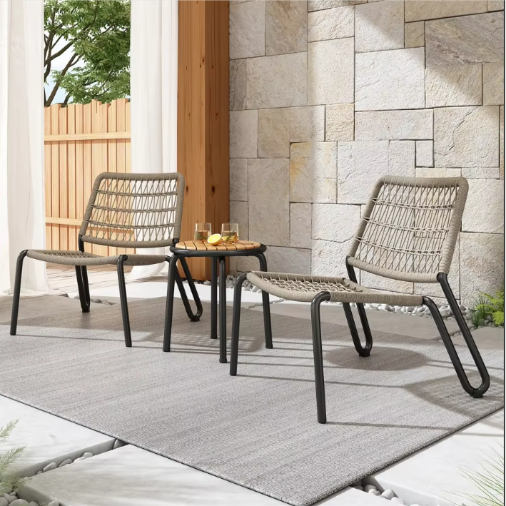 3-Delige Bistroset – Galvaniseerd Staal, Handgevlochten Touw & Houten Tafel, Voor Binnen en Buiten