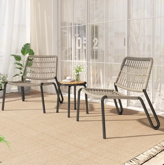 3-Delige Bistroset – Galvaniseerd Staal, Handgevlochten Touw & Houten Tafel, Voor Binnen en Buiten