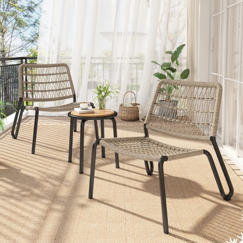 3-Delige Bistroset – Galvaniseerd Staal, Handgevlochten Touw & Houten Tafel, Voor Binnen en Buiten