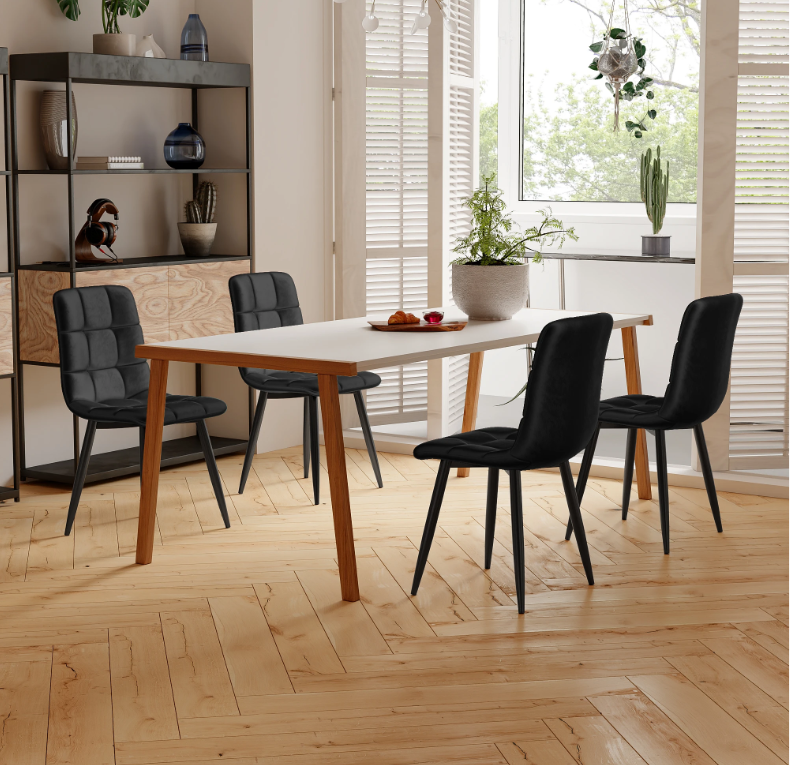 Set van 4 Moderne Eetkamerstoelen – Fluwelen Zitting & Metalen Frame, Elegant en Comfortabel