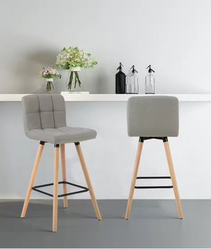 Set van 2 Hoge Barkrukken – Linnen Zitting & Houten Poten met Rugleuning
