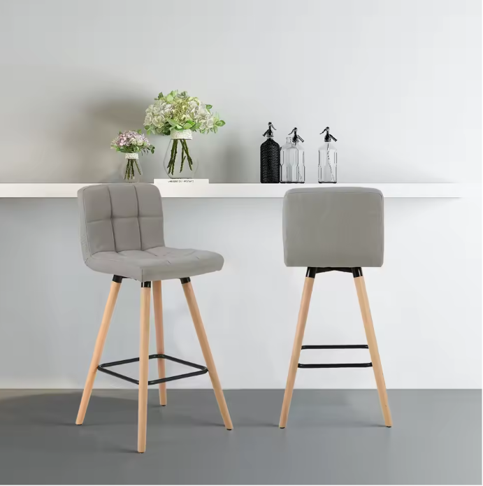 Set van 2 Hoge Barkrukken – Linnen Zitting & Houten Poten met Rugleuning