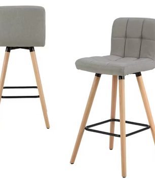 Set van 2 Hoge Barkrukken – Linnen Zitting & Houten Poten met Rugleuning