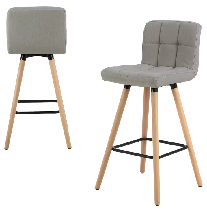 Set van 2 Hoge Barkrukken – Linnen Zitting & Houten Poten met Rugleuning