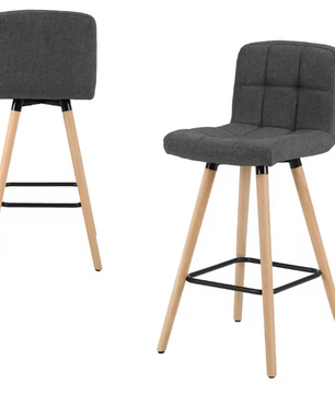 Set van 2 Hoge Barkrukken – Linnen Zitting & Houten Poten met Rugleuning