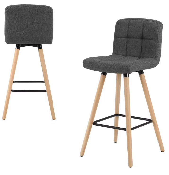 Set van 2 Hoge Barkrukken – Linnen Zitting & Houten Poten met Rugleuning