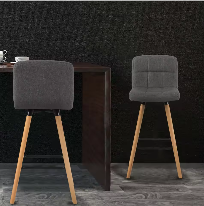 Set van 2 Hoge Barkrukken – Linnen Zitting & Houten Poten met Rugleuning