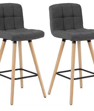 Set van 2 Hoge Barkrukken – Linnen Zitting & Houten Poten met Rugleuning