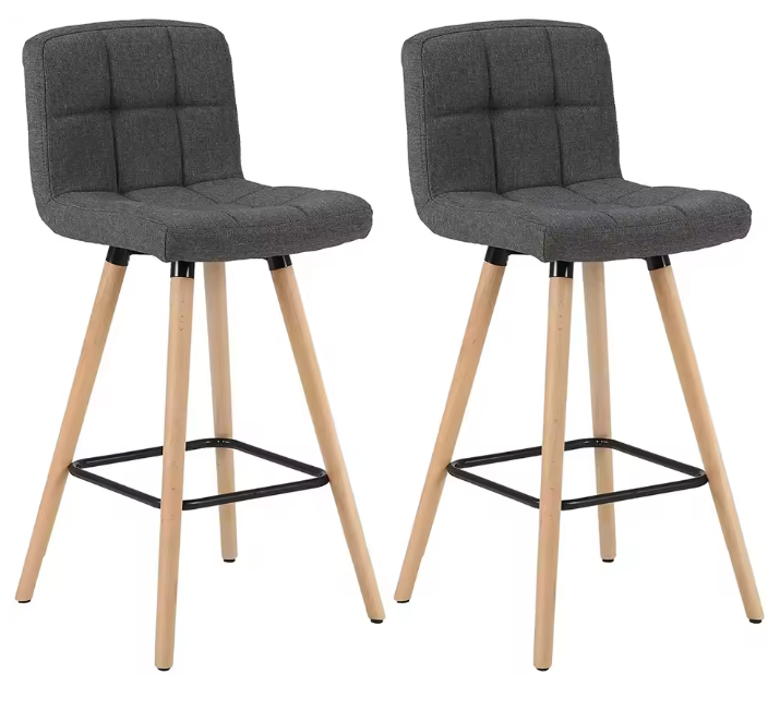 Set van 2 Hoge Barkrukken – Linnen Zitting & Houten Poten met Rugleuning