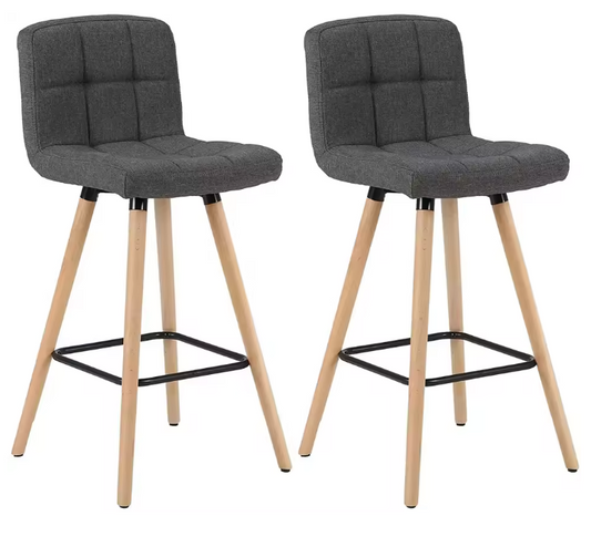 Set van 2 Hoge Barkrukken – Linnen Zitting & Houten Poten met Rugleuning