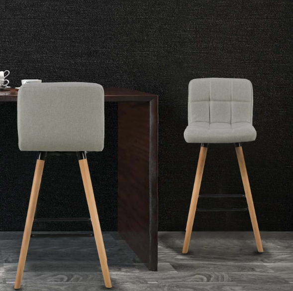Set van 2 Hoge Barkrukken – Linnen Zitting & Houten Poten met Rugleuning