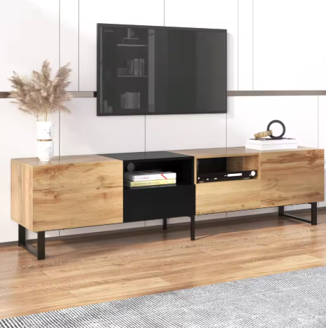 Moderne TV-Meubel 190 cm – Lowboard met Lades & Deuren, Zwart-Hout Design