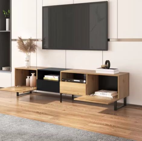 Moderne TV-Meubel 190 cm – Lowboard met Lades & Deuren, Zwart-Hout Design