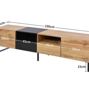 Moderne TV-Meubel 190 cm – Lowboard met Lades & Deuren, Zwart-Hout Design