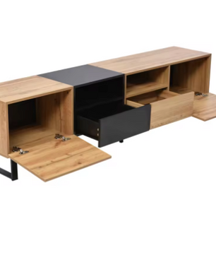 Moderne TV-Meubel 190 cm – Lowboard met Lades & Deuren, Zwart-Hout Design