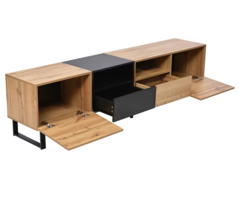 Moderne TV-Meubel 190 cm – Lowboard met Lades & Deuren, Zwart-Hout Design