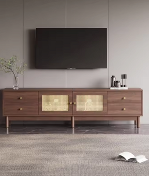 TV-Meubel 180 cm – Donker Houtlook met Rotan Deuren, Lades & Kabelbeheer
