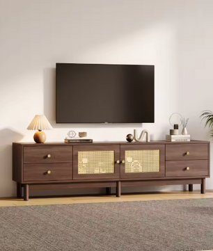 TV-Meubel 180 cm – Donker Houtlook met Rotan Deuren, Lades & Kabelbeheer