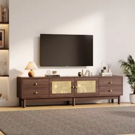 TV-Meubel 180 cm – Donker Houtlook met Rotan Deuren, Lades & Kabelbeheer