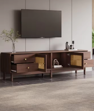 TV-Meubel 180 cm – Donker Houtlook met Rotan Deuren, Lades & Kabelbeheer
