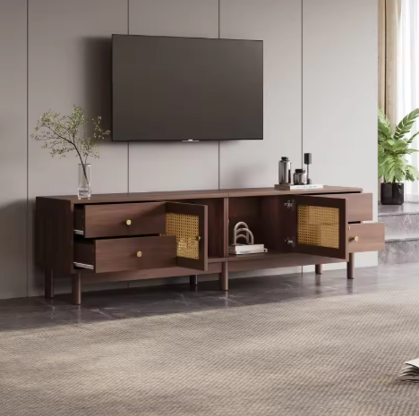 TV-Meubel 180 cm – Donker Houtlook met Rotan Deuren, Lades & Kabelbeheer