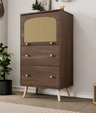 TV-Meubel 180 cm – Donker Houtlook met Rotan Deuren, Lades & Kabelbeheer