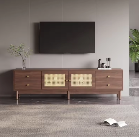 TV-Meubel 180 cm – Donker Houtlook met Rotan Deuren, Lades & Kabelbeheer