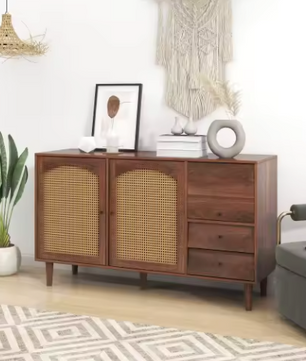 TV-Meubel 180 cm – Donker Houtlook met Rotan Deuren, Lades & Kabelbeheer