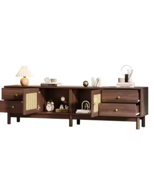 TV-Meubel 180 cm – Donker Houtlook met Rotan Deuren, Lades & Kabelbeheer