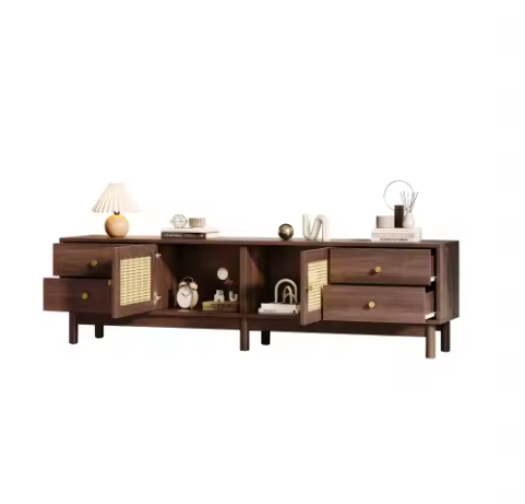 TV-Meubel 180 cm – Donker Houtlook met Rotan Deuren, Lades & Kabelbeheer