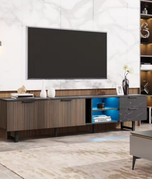 TV-Meubel 200 cm – Zwart Marmerlook met LED & Houtnerf Deuren