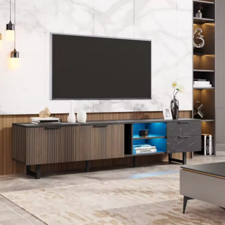TV-Meubel 200 cm – Zwart Marmerlook met LED & Houtnerf Deuren