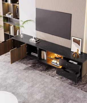 TV-Meubel 200 cm – Zwart Marmerlook met LED & Houtnerf Deuren