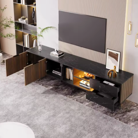 TV-Meubel 200 cm – Zwart Marmerlook met LED & Houtnerf Deuren