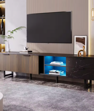 TV-Meubel 200 cm – Zwart Marmerlook met LED & Houtnerf Deuren