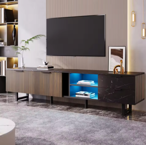 TV-Meubel 200 cm – Zwart Marmerlook met LED & Houtnerf Deuren