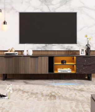 TV-Meubel 200 cm – Zwart Marmerlook met LED & Houtnerf Deuren