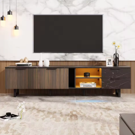 TV-Meubel 200 cm – Zwart Marmerlook met LED & Houtnerf Deuren