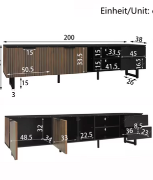 TV-Meubel 200 cm – Zwart Marmerlook met LED & Houtnerf Deuren