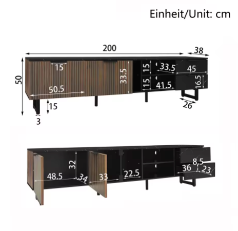TV-Meubel 200 cm – Zwart Marmerlook met LED & Houtnerf Deuren