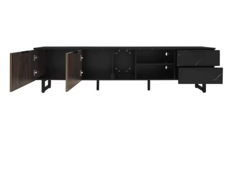 TV-Meubel 200 cm – Zwart Marmerlook met LED & Houtnerf Deuren