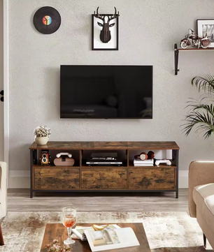 TV-meubel Industrieel met 3 Lades & Open Vakken – 147 cm Breed, Hout & Staal