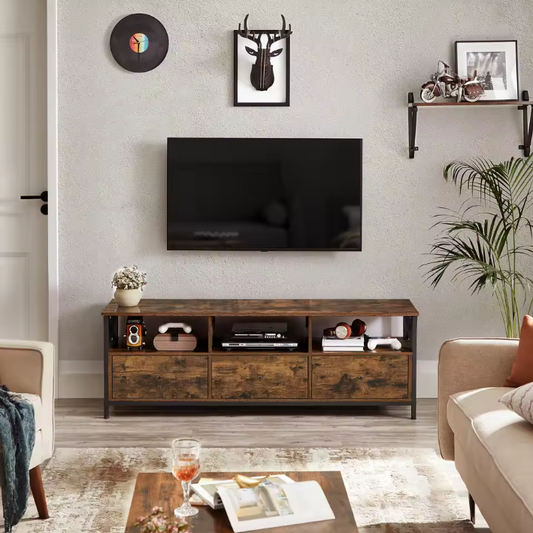 TV-meubel Industrieel met 3 Lades & Open Vakken – 147 cm Breed, Hout & Staal