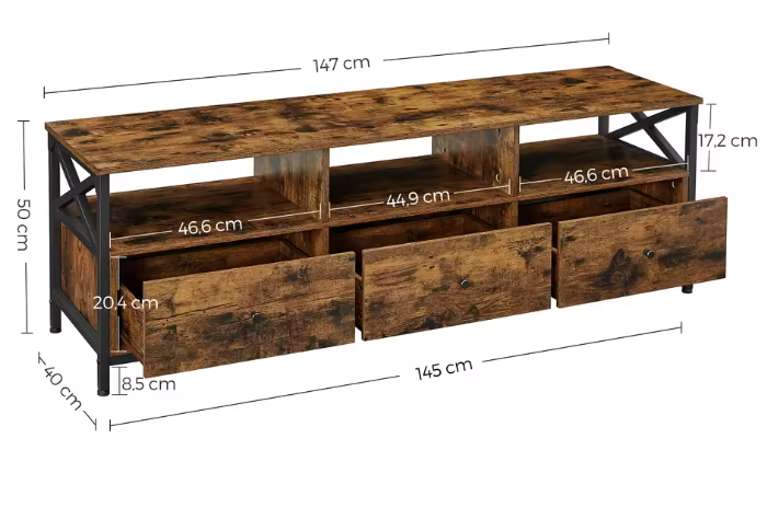 TV-meubel Industrieel met 3 Lades & Open Vakken – 147 cm Breed, Hout & Staal