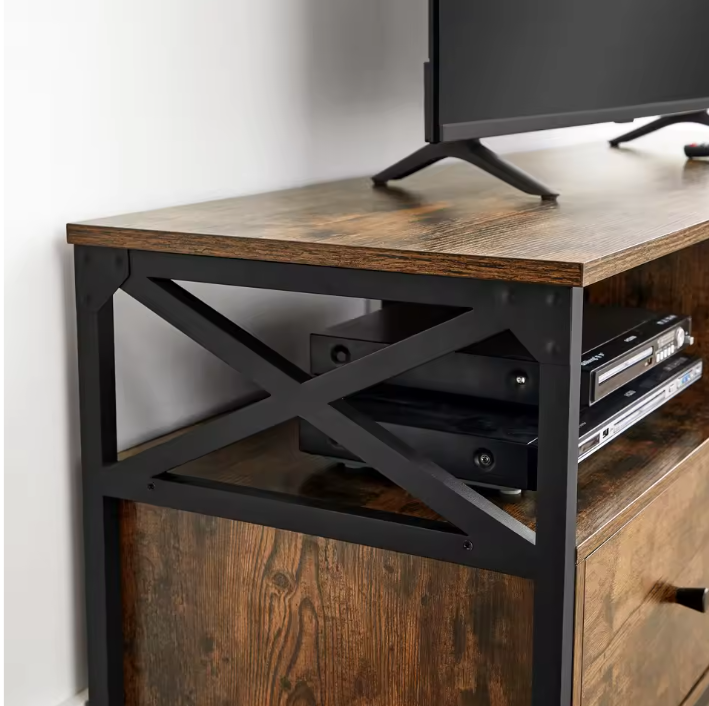 TV-meubel Industrieel met 3 Lades & Open Vakken – 147 cm Breed, Hout & Staal