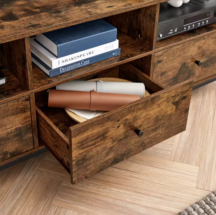 TV-meubel Industrieel met 3 Lades & Open Vakken – 147 cm Breed, Hout & Staal