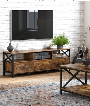 TV-meubel Industrieel met 3 Lades & Open Vakken – 147 cm Breed, Hout & Staal
