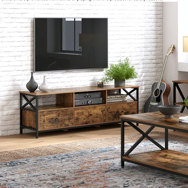 TV-meubel Industrieel met 3 Lades & Open Vakken – 147 cm Breed, Hout & Staal
