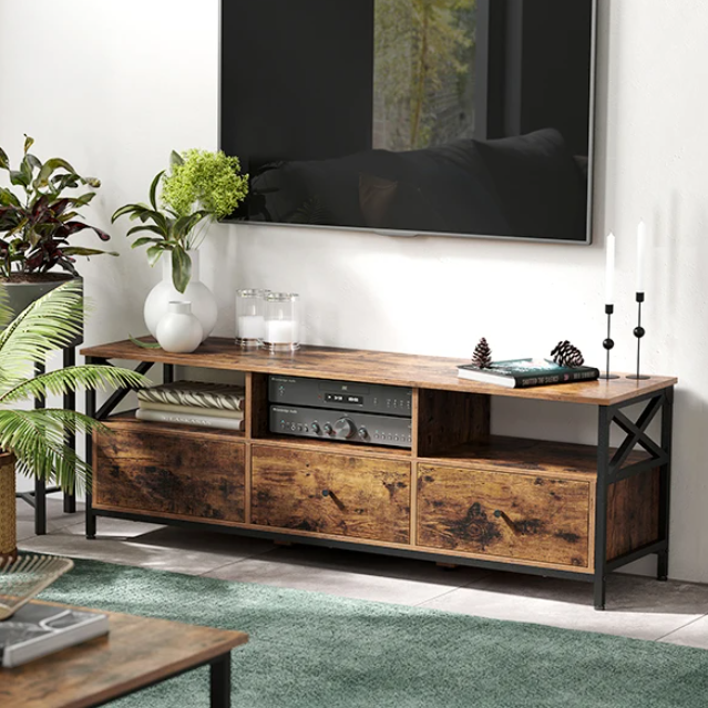 TV-meubel Industrieel met 3 Lades & Open Vakken – 147 cm Breed, Hout & Staal